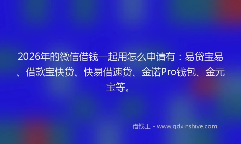 2026年的微信借钱一起用怎么申请有:易贷宝易、借款宝快贷、快易借速贷、金诺Pro钱包、金元宝等。