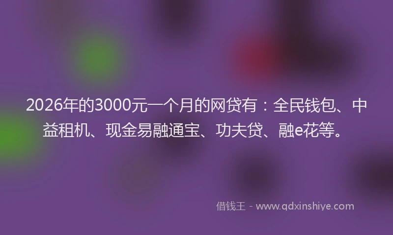 2026年的3000元一个月的网贷有：全民钱包、中益租机、现金易融通宝、功夫贷、融e花等。