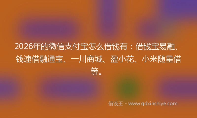 2026年的微信支付宝怎么借钱有:借钱宝易融、钱速借融通宝、一川商城、盈小花、小米随星借等。