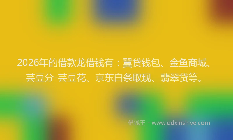 2026年的借款龙借钱有:翼贷钱包、金鱼商城、芸豆分-芸豆花、京东白条取现、翡翠贷等。