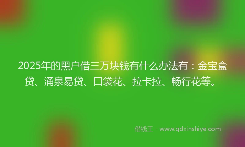 2025年的黑户借三万块钱有什么办法有：金宝盒贷、涌泉易贷、口袋花、拉卡拉、畅行花等。