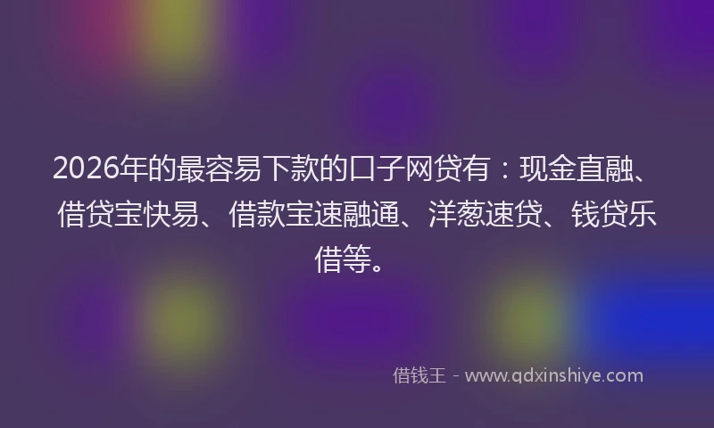 2026年的最容易下款的口子网贷有:现金直融、借贷宝快易、借款宝速融通、洋葱速贷、钱贷乐借等。