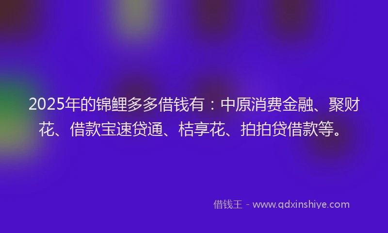 2025年的锦鲤多多借钱有:中原消费金融、聚财花、借款宝速贷通、桔享花、拍拍贷借款等。