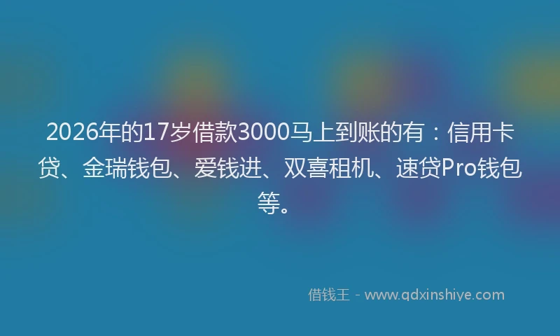 2026年的17岁借款3000马上到账的有：信用卡贷、金瑞钱包、爱钱进、双喜租机、速贷Pro钱包等。