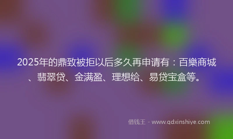 2025年的鼎致被拒以后多久再申请有：百樂商城、翡翠贷、金满盈、理想给、易贷宝盒等。