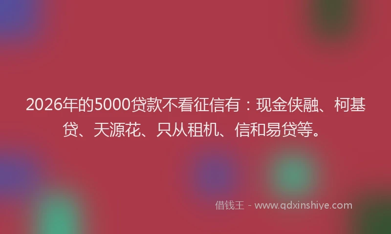 2026年的5000贷款不看征信有：现金侠融、柯基贷、天源花、只从租机、信和易贷等。