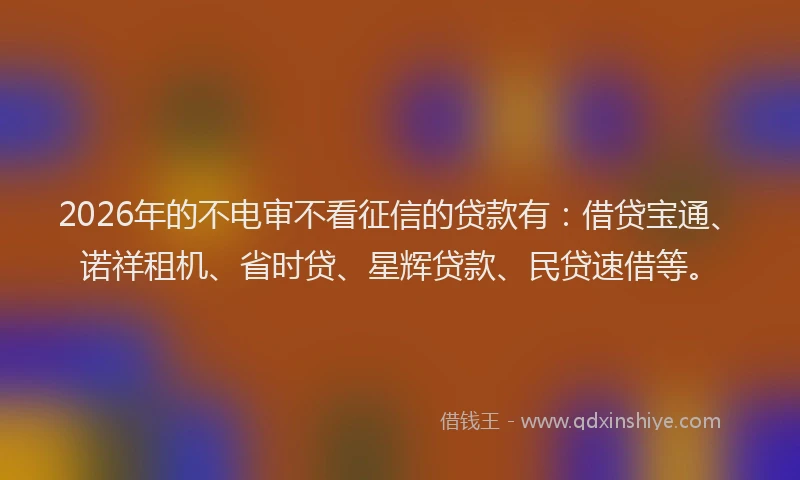 2026年的不电审不看征信的贷款有：借贷宝通、诺祥租机、省时贷、星辉贷款、民贷速借等。