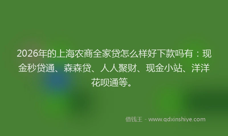 2026年的上海农商全家贷怎么样好下款吗有:现金秒贷通、森森贷、人人聚财、现金小站、洋洋花呗通等。