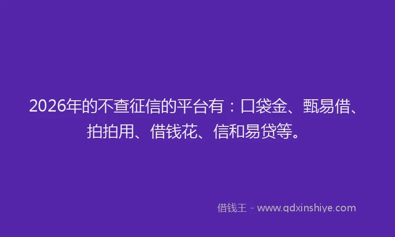 2026年的不查征信的平台有:口袋金、甄易借、拍拍用、借钱花、信和易贷等。