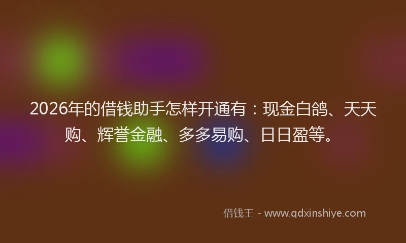 2026年的借钱助手怎样开通有：现金白鸽、天天购、辉誉金融、多多易购、日日盈等。