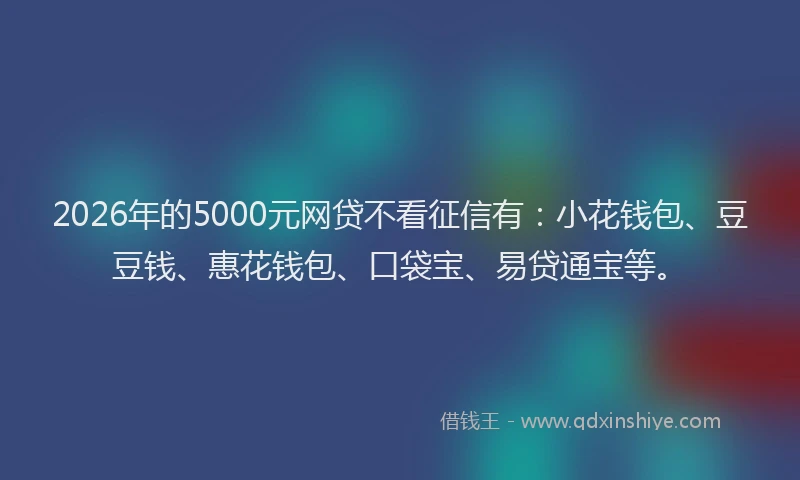 2026年的5000元网贷不看征信有：小花钱包、豆豆钱、惠花钱包、口袋宝、易贷通宝等。