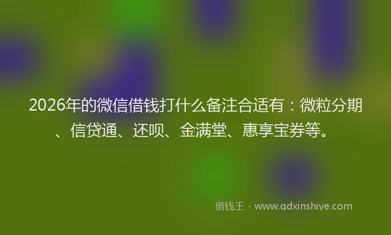 2026年的微信借钱打什么备注合适有：微粒分期、信贷通、还呗、金满堂、惠享宝券等。