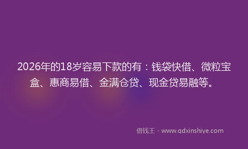 2026年的18岁容易下款的有：钱袋快借、微粒宝盒、惠商易借、金满仓贷、现金贷易融等。