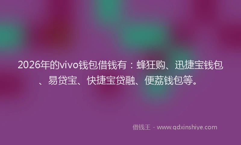 2026年的vivo钱包借钱有：蜂狂购、迅捷宝钱包、易贷宝、快捷宝贷融、便荔钱包等。