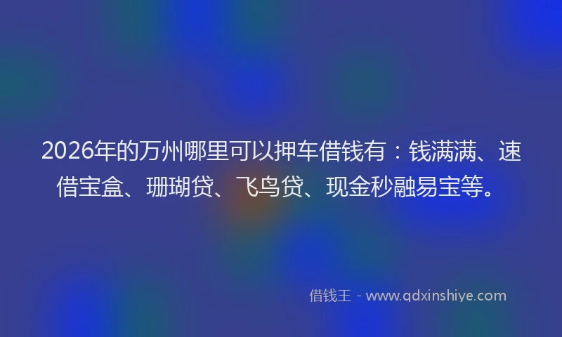 2026年的万州哪里可以押车借钱有:钱满满、速借宝盒、珊瑚贷、飞鸟贷、现金秒融易宝等。