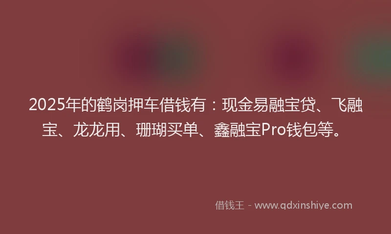 2025年的鹤岗押车借钱有:现金易融宝贷、飞融宝、龙龙用、珊瑚买单、鑫融宝Pro钱包等。