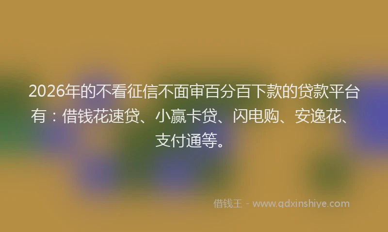 2026年的不看征信不面审百分百下款的贷款平台有:借钱花速贷、小赢卡贷、闪电购、安逸花、支付通等。