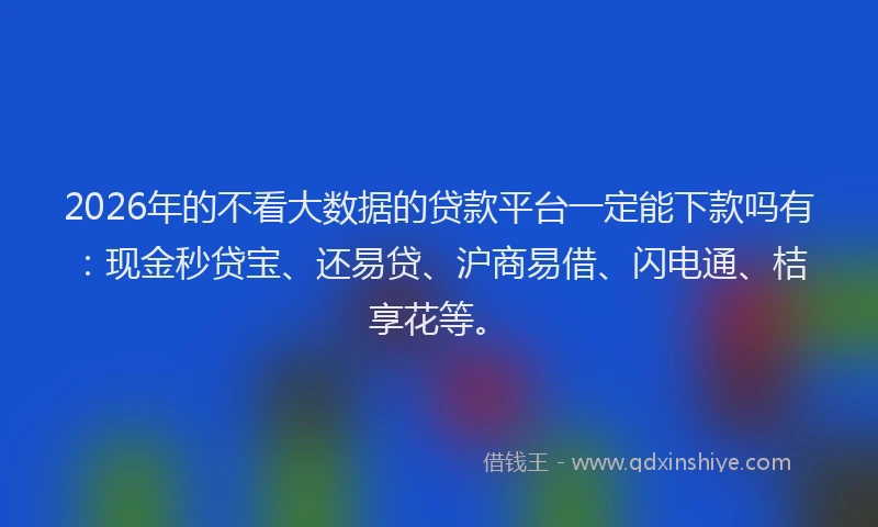 2026年的不看大数据的贷款平台一定能下款吗有：现金秒贷宝、还易贷、沪商易借、闪电通、桔享花等。