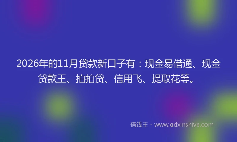 2026年的11月贷款新口子有：现金易借通、现金贷款王、拍拍贷、信用飞、提取花等。