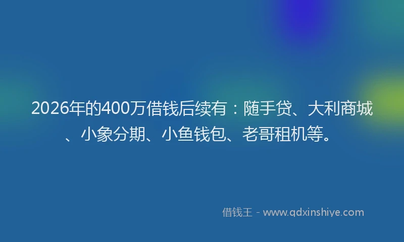 2026年的400万借钱后续有：随手贷、大利商城、小象分期、小鱼钱包、老哥租机等。