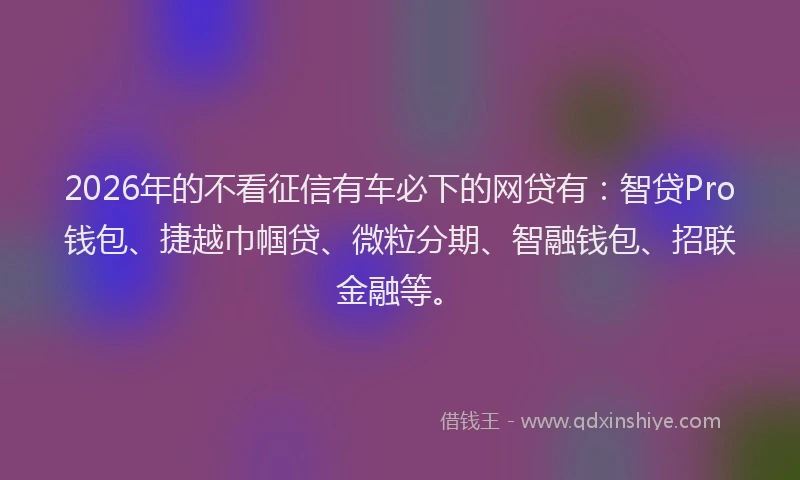 2026年的不看征信有车必下的网贷有:智贷Pro钱包、捷越巾帼贷、微粒分期、智融钱包、招联金融等。