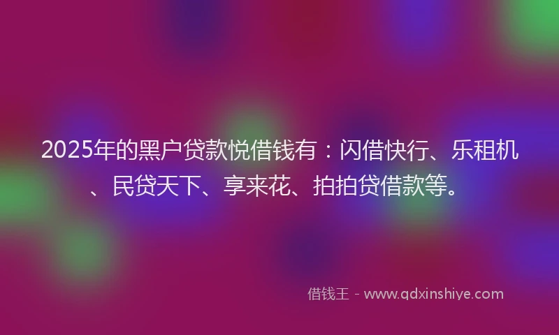 2025年的黑户贷款悦借钱有：闪借快行、乐租机、民贷天下、享来花、拍拍贷借款等。