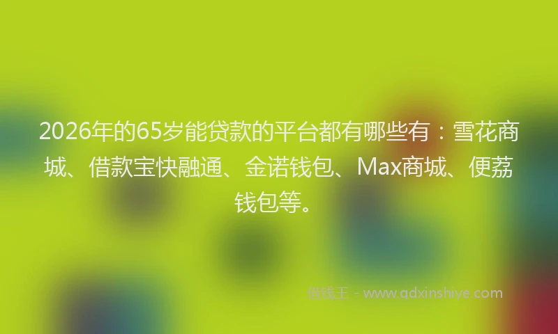 2026年的65岁能贷款的平台都有哪些有：雪花商城、借款宝快融通、金诺钱包、Max商城、便荔钱包等。