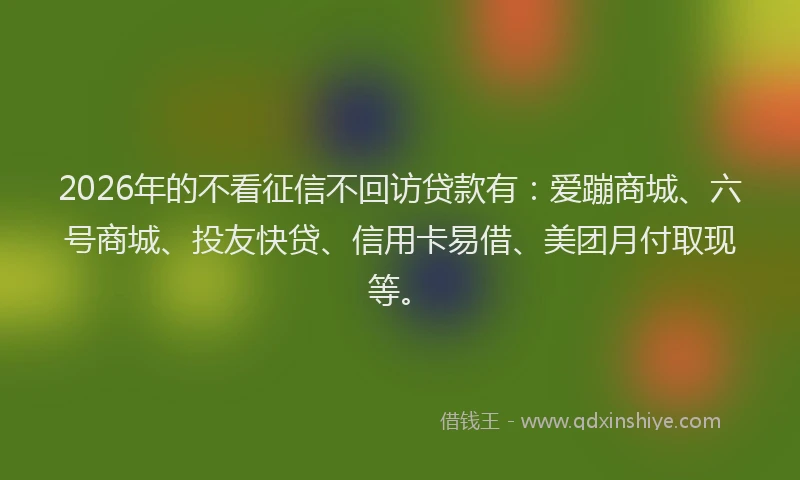 2026年的不看征信不回访贷款有:爱蹦商城、六号商城、投友快贷、信用卡易借、美团月付取现等。
