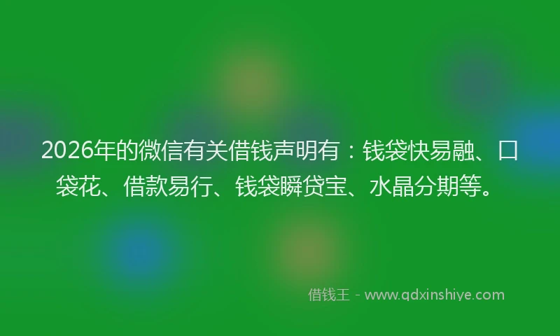 2026年的微信有关借钱声明有：钱袋快易融、口袋花、借款易行、钱袋瞬贷宝、水晶分期等。