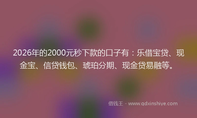 2026年的2000元秒下款的口子有:乐借宝贷、现金宝、信贷钱包、琥珀分期、现金贷易融等。