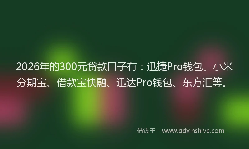 2026年的300元贷款口子有：迅捷Pro钱包、小米分期宝、借款宝快融、迅达Pro钱包、东方汇等。