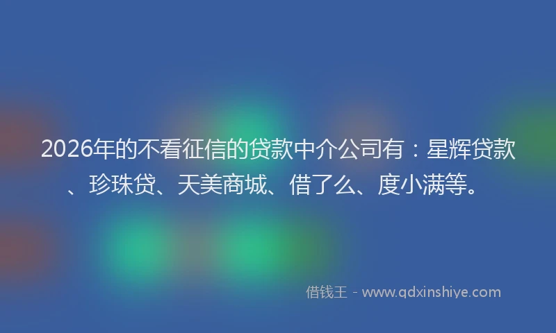 2026年的不看征信的贷款中介公司有:星辉贷款、珍珠贷、天美商城、借了么、度小满等。