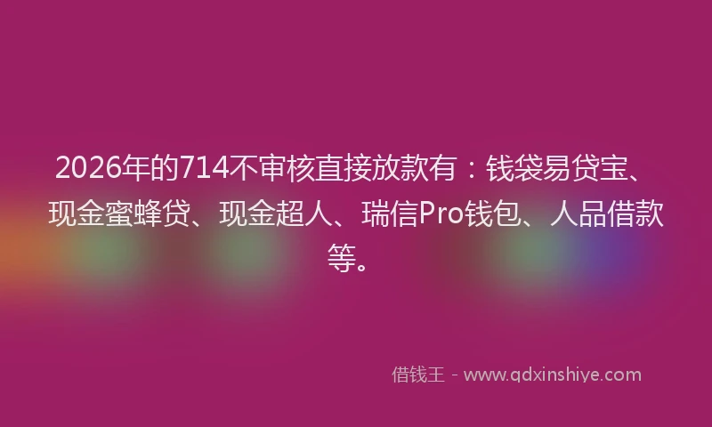 2026年的714不审核直接放款有：钱袋易贷宝、现金蜜蜂贷、现金超人、瑞信Pro钱包、人品借款等。