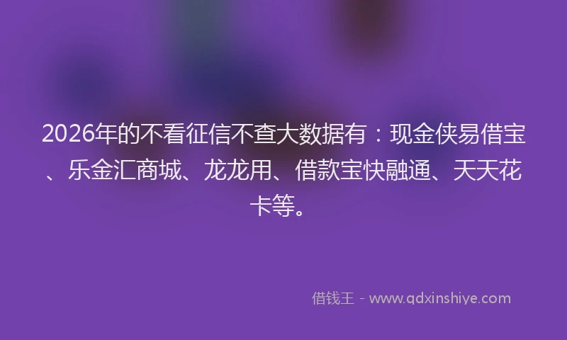 2026年的不看征信不查大数据有:现金侠易借宝、乐金汇商城、龙龙用、借款宝快融通、天天花卡等。
