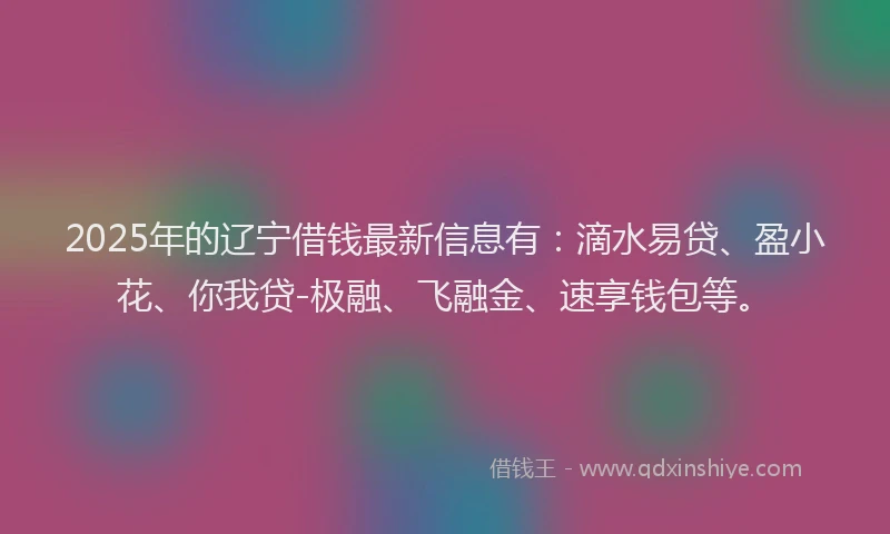 2025年的辽宁借钱最新信息有:滴水易贷、盈小花、你我贷-极融、飞融金、速享钱包等。