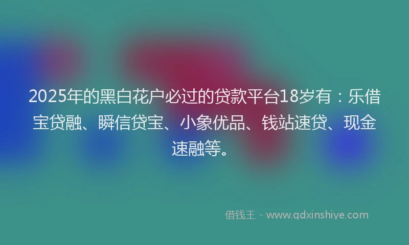 2025年的黑白花户必过的贷款平台18岁有：乐借宝贷融、瞬信贷宝、小象优品、钱站速贷、现金速融等。