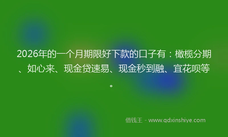 2026年的一个月期限好下款的口子有：橄榄分期、如心来、现金贷速易、现金秒到融、宜花呗等。