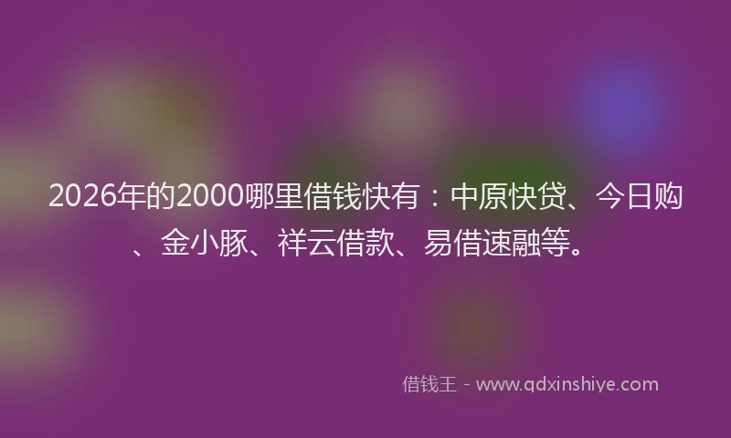 2026年的2000哪里借钱快有：中原快贷、今日购、金小豚、祥云借款、易借速融等。