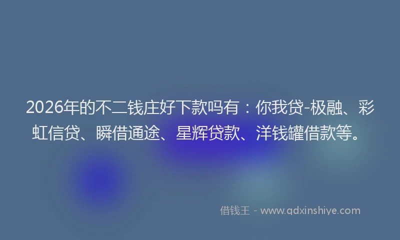 2026年的不二钱庄好下款吗有:你我贷-极融、彩虹信贷、瞬借通途、星辉贷款、洋钱罐借款等。