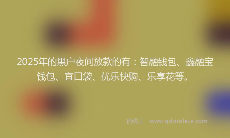 2025年的黑户夜间放款的有：智融钱包、鑫融宝钱包、宜口袋、优乐快购、乐享花等。