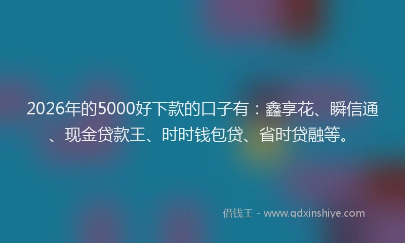 2026年的5000好下款的口子有：鑫享花、瞬信通、现金贷款王、时时钱包贷、省时贷融等。