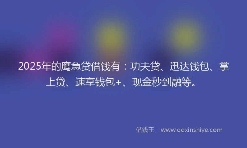 2025年的鹰急贷借钱有:功夫贷、迅达钱包、掌上贷、速享钱包+、现金秒到融等。