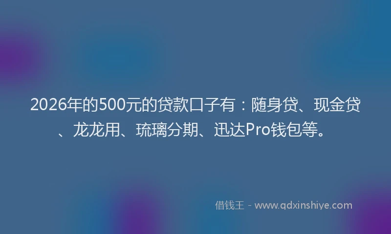 2026年的500元的贷款口子有:随身贷、现金贷、龙龙用、琉璃分期、迅达Pro钱包等。