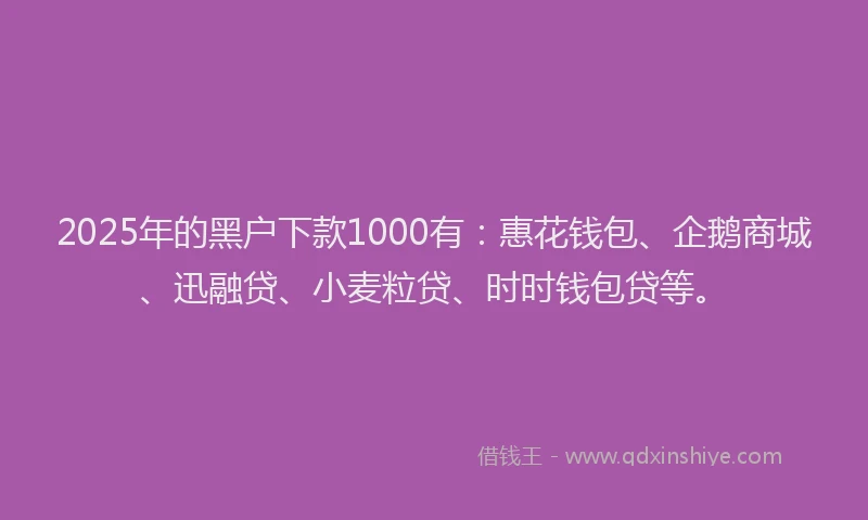 2025年的黑户下款1000有：惠花钱包、企鹅商城、迅融贷、小麦粒贷、时时钱包贷等。