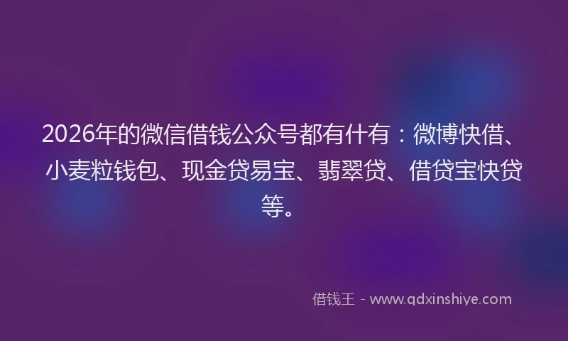 2026年的微信借钱公众号都有什有：微博快借、小麦粒钱包、现金贷易宝、翡翠贷、借贷宝快贷等。