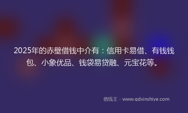 2025年的赤壁借钱中介有：信用卡易借、有钱钱包、小象优品、钱袋易贷融、元宝花等。