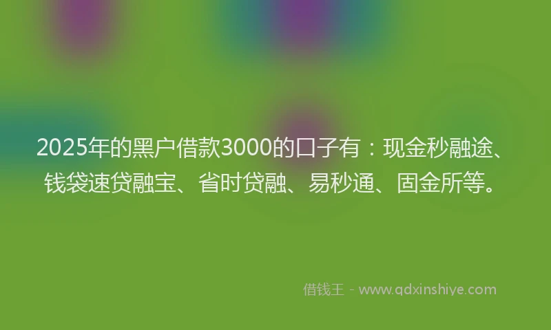 2025年的黑户借款3000的口子有：现金秒融途、钱袋速贷融宝、省时贷融、易秒通、固金所等。