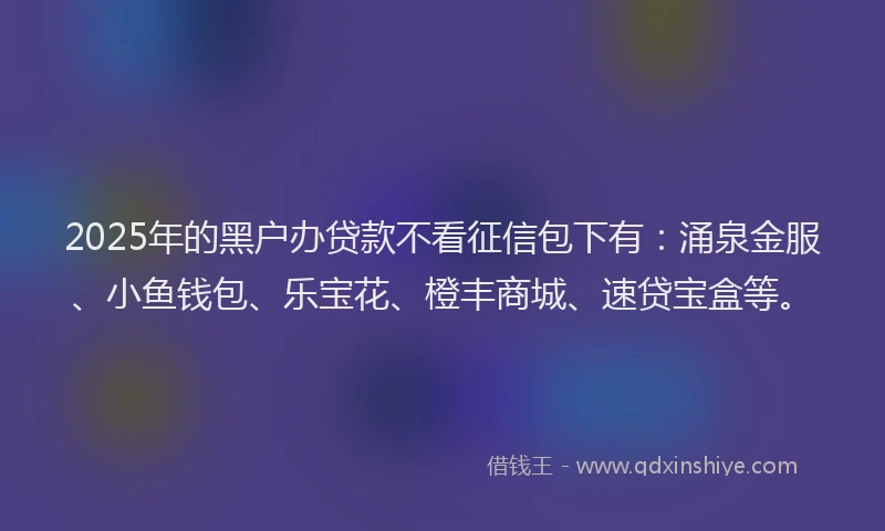 2025年的黑户办贷款不看征信包下有:涌泉金服、小鱼钱包、乐宝花、橙丰商城、速贷宝盒等。