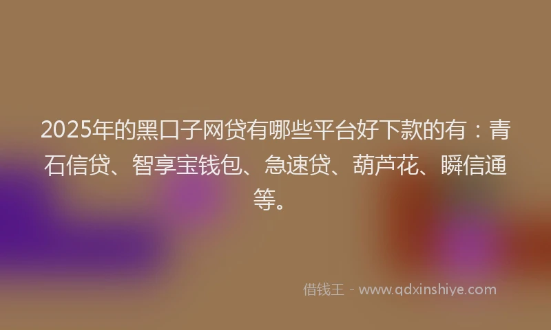 2025年的黑口子网贷有哪些平台好下款的有:青石信贷、智享宝钱包、急速贷、葫芦花、瞬信通等。