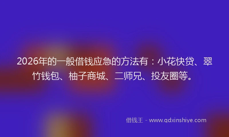 2026年的一般借钱应急的方法有：小花快贷、翠竹钱包、柚子商城、二师兄、投友圈等。